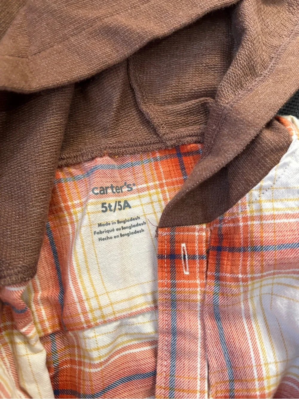 Carter's Orange and Brown Plaid Button-Down Hooded Shirt